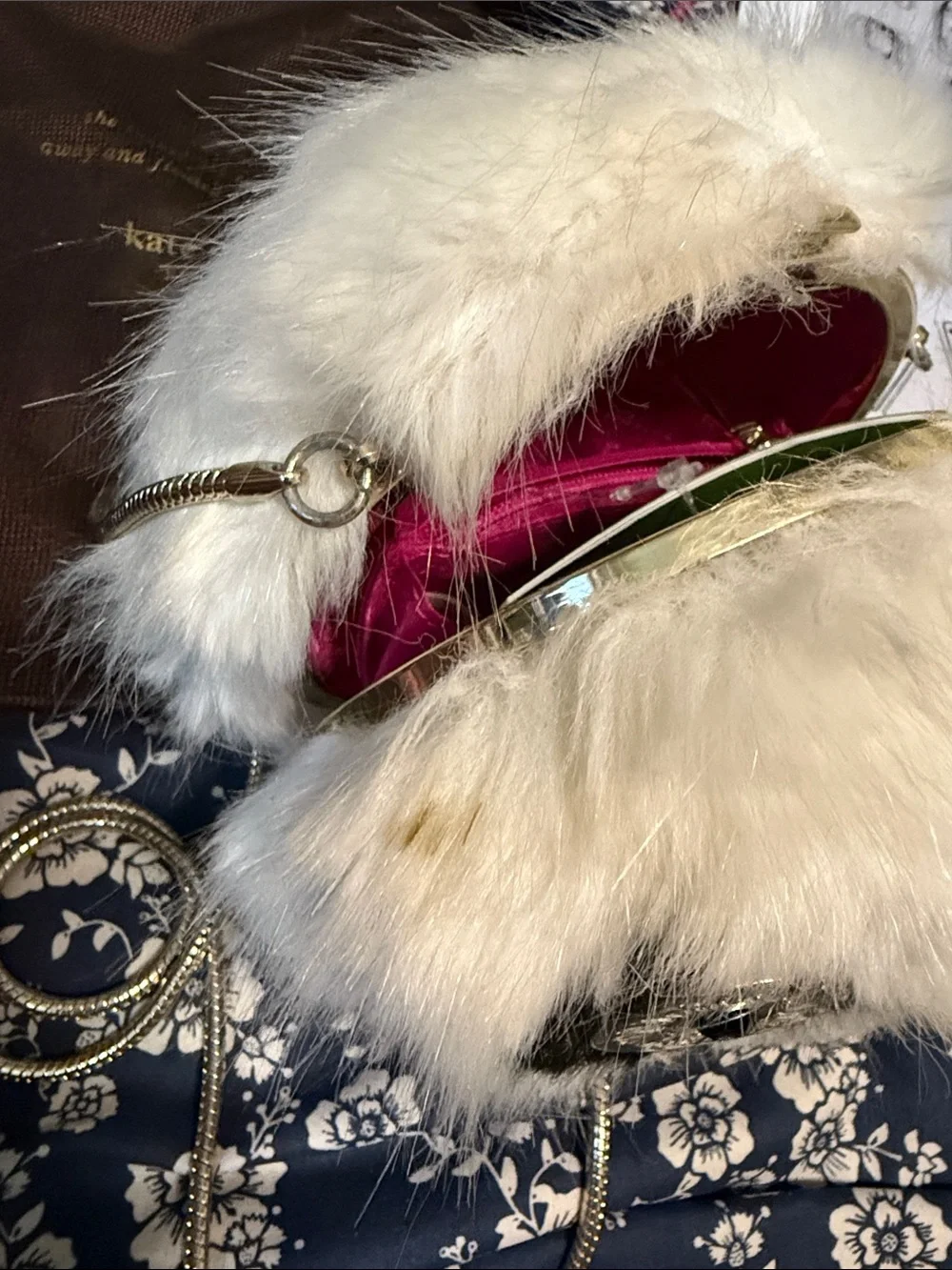 kate spade White Faux-Fur Pom Keychain with Gold Eye Accents